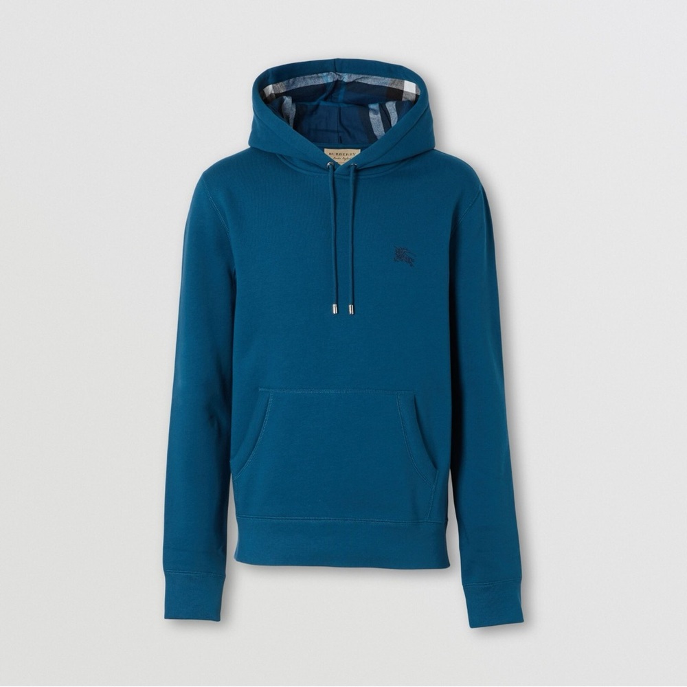 BURBERRY CLAREDON BLUE COTTON NOVA CHECK LOGO PULLOVER HOODIE LARGE